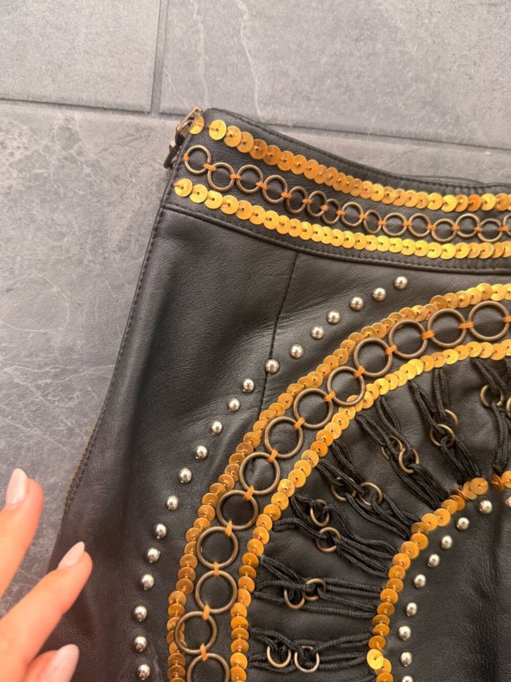leather mini skirt embellished nasty gal XS gold sequin boho western - Picture 8 of 11